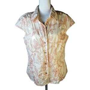 Cotton Shirt Wn's Sz Lg White Fabric Pink Floral Print & Embroidery Topstitching